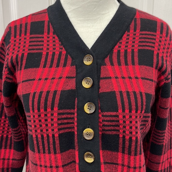MEROKEETY Red Black Plaid Cotton Sweater M - Picture 2 of 9